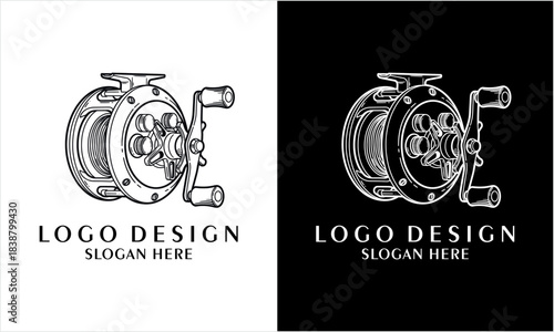 Detailed monochrome illustration of a classic fishing reel, presented as a versatile logo design concept on contrasting backgrounds.