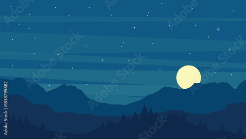 Mountain Night. Cartoon night nature landscape full moon shining in sky with stars.