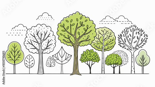 A drawing depicting various trees of different sizes and shapes, showcasing a diverse forest landscape..eps