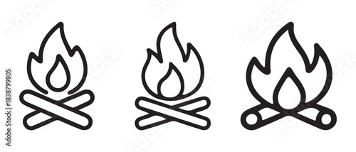 A set of three black outline icons depicting a campfire for camping and outdoor activities.