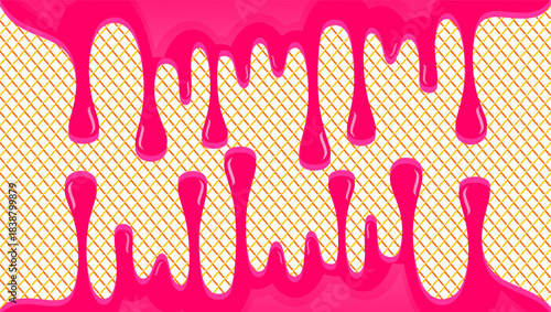 Wavy ice cream drip illustration. Dripping ice cream  on waffle background. Fast food ice cream drip illustration. Melting ice cream illustration.