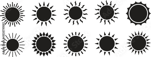 Sun Icon set. Sunshine and solar glow, sunrise or sunset. Decorative circle full and half sun and sunlight. Hot solar energy for tan. Scribble sun with rays symbols. Doodle children drawings collectio