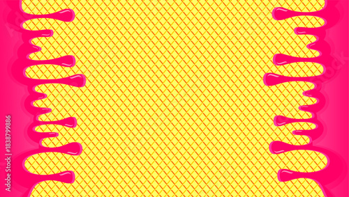 Wavy ice cream drip illustration. Dripping ice cream  on waffle background. Fast food ice cream drip illustration. Melting ice cream illustration.