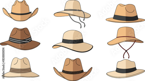  Collection of Flat Design Vector Illustrations Featuring Various Vintage and Modern Summer Sun Hats, Including Panama, Fedora, and Cowboy Styles, Perfect for Travel and Fashion Concepts