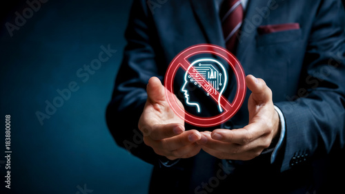 Concerned executive rejects artificial intelligence concept with glowing forbidden symbol in dark corporate setting
