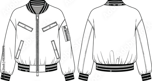 Bomber jacket technical flat sketch, detailed CAD garment drawing with pockets, zipper, rib cuffs, waistband, fashion vector illustration design
