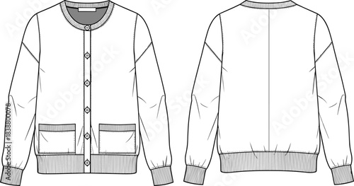 Cardigan sweater technical flat drawing with detailed front and back view, vector fashion illustration for apparel design, knitwear clothing template