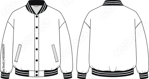 Classic varsity bomber jacket front and back technical fashion template, detailed apparel outline, ribbed cuffs collar hem, cad drawing flat vector illustration