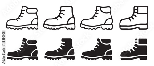 A collection of black and white icons depicting various styles of hiking and work boots.