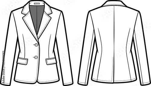 Classic women’s tailored blazer fashion flat sketch with structured lapel, button closure and pocket detailing, apparel template design, cad drawing flat vector illustration