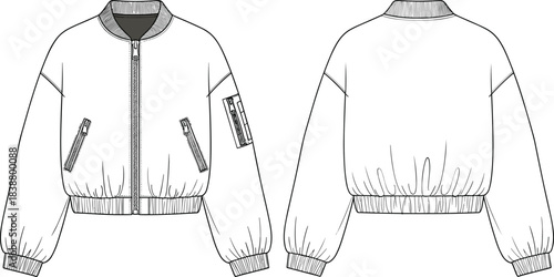 Bomber jacket technical flat sketch, detailed CAD drawing with zipper pockets, ribbed cuffs hem, fashion outerwear garment vector illustration template design