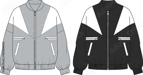 Color block bomber jacket technical flat with zipper pockets modern panel design front view stylish apparel outline template, cad drawing flat vector illustration