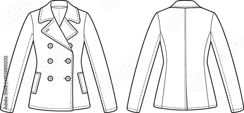 Double breasted women’s jacket technical flat sketch with detailed front and back views, showing collar, buttons, pockets, seams, stylish vector illustration