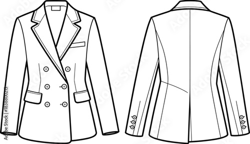 Double breasted women’s tailored blazer jacket template with detailed flat sketch, front and back technical fashion drawing, sewing pattern design, cad drawing flat vector illustration
