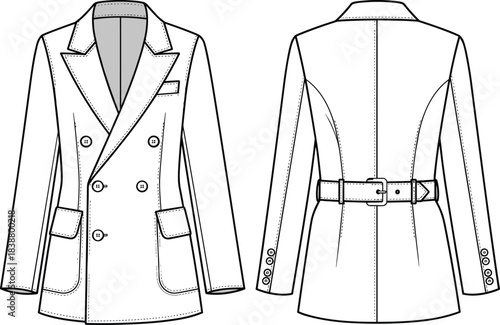 Double-breasted tailored blazer with belt, detailed front and back fashion technical sketch, structured coat design outline, cad drawing flat vector illustration