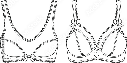 Elegant lingerie bra template with lace details, decorative bows, fashion technical sketch, intimate apparel design outline, cad drawing flat vector illustration