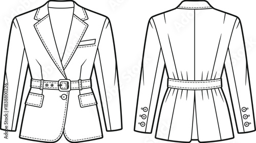 Elegant tailored belted blazer fashion template with detailed stitching, front and back technical sketch, apparel design outline, cad drawing flat vector illustration