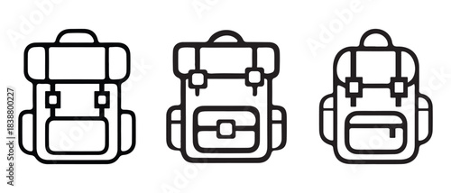 Collection of three minimalist outline backpack icons representing travel and adventure.
