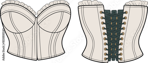 Elegant vintage corset top fashion design, detailed lace-up back, lingerie garment illustration, stylish apparel template, cad drawing flat vector illustration