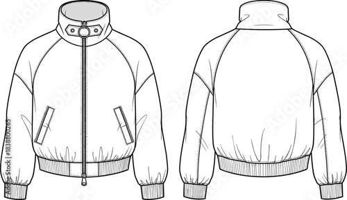 High neck bomber jacket technical flat sketch with detailed front and back view, vector fashion illustration for apparel designers and production