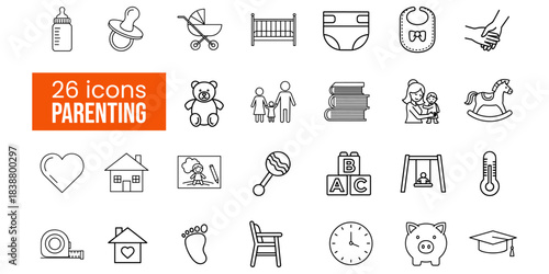 Minimalist black and white line art vector icons depicting a comprehensive set of essential parenting, baby care, and family life concepts, perfect for graphic design projects seeking a clean,