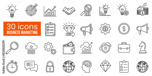 Minimalist linear icon set for comprehensive business development and marketing strategy solutions representing innovation financial growth global communication and strategic management concepts for