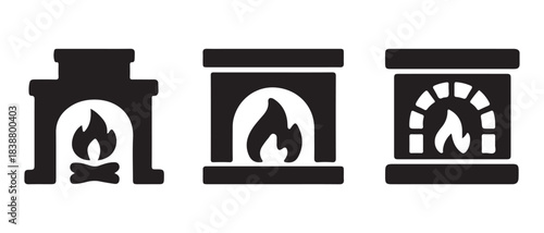 Collection of three distinct fireplace icons with burning flames, representing warmth and home comfort.