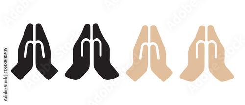 Praying hands icon set. with diverse skin tones symbolizing spirituality and gratitude.
