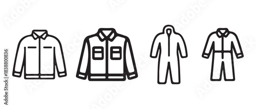 Outline icons of various protective and workwear clothing items for safety and industry.