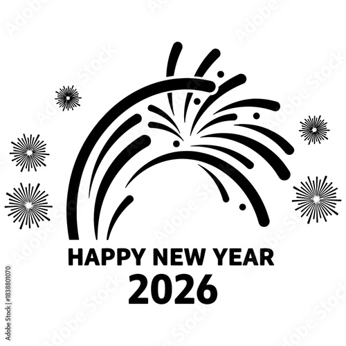 Illustration of happy new year 2026 with fireworks and black and white color scheme for celebration theme on transparent background silhouette