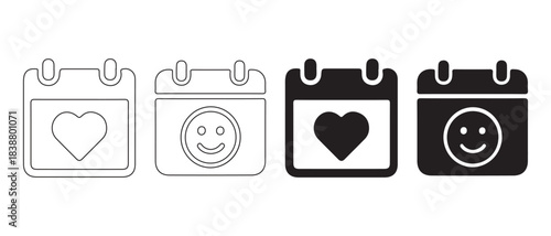 Calendar icons with heart and smiley face for marking special dates and happy events.