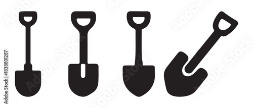 Shovel and spade tool icons set in black silhouette for gardening and construction design.