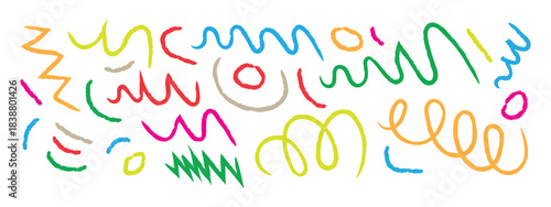 Hand drawn colorful marker scribbles, squiggles, curly lines and bold dots. Brush stroke lines, squiggles symbol. vector illustration.