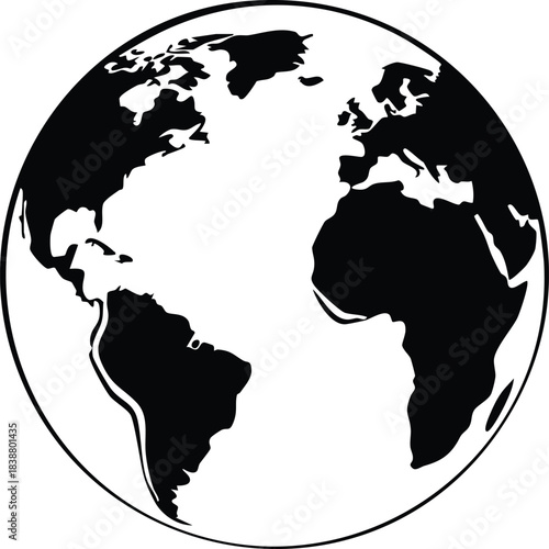 Stylized Black and White Globe Illustration Depicting Continents and Oceans for Education