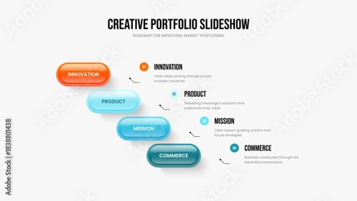 Product Proposal Slide Design Vector Illustration. Marketing Report 4 Option Infographic Slideshow Layout. Investor Visualization Four Element Diagram Presentation Template.