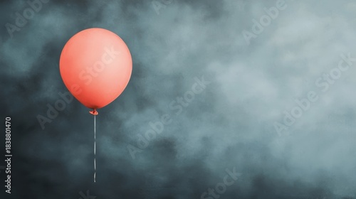 Single Red Balloon Floating in Dramatic Grey Atmosphere with Soft Light Effects