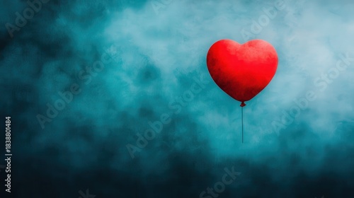 Red Heart Balloon Floating in a Dreamy Blue Fog with Soft Ethereal Atmosphere