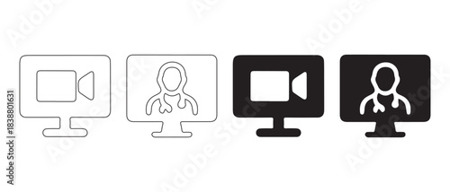 Telemedicine video call icon set. featuring a doctor and video camera on a computer monitor.