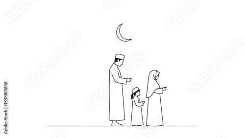 Muslim Family Praying Under Crescent Moon.