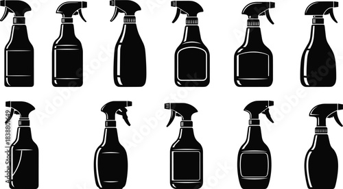 Cleaning and Chemical Spray Bottle Silhouette Vector Illustration Set, Featuring Plastic Dispensers with Trigger Sprayers for Household, Commercial, and Industrial Cleaning 