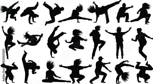 Collection of diverse dog silhouette vector illustrations showing various canine breeds in standing, running, and posing positions for pet graphics, branding, and creative design projects