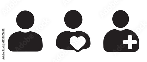 Set of minimalist user account icons showing basic profile, favorite user, and add user options.
