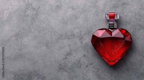 Elegant Red Heart-Shaped Perfume Bottle on Gray Textured Background