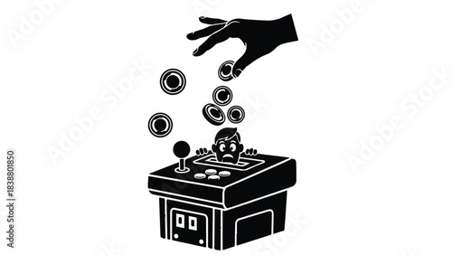 Hand dropping coins into vintage arcade game, symbolizing investment in entertainment.