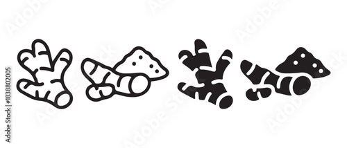 Minimalist black and white icons depicting fresh ginger root and ground spice.