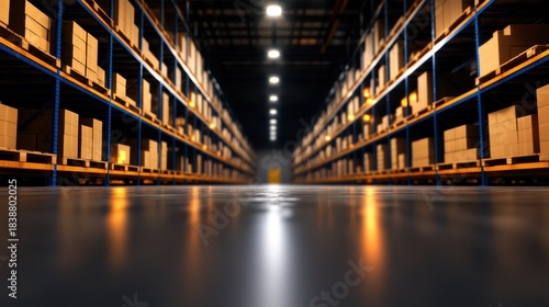 Empty warehouse interior with shelves stacked with boxes, bright lighting, and perspective