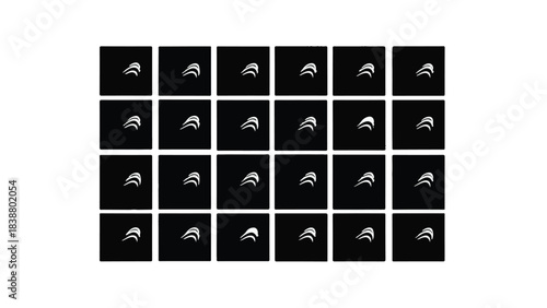 Grid of identical abstract symbols on black squares, creating a repetitive pattern