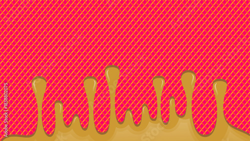 Hot chocolate drip illustration. Melting chocolate on waffle background. Drippy ice cream vector design. Wavy choco melt border. Brown chocolate drips illustration.