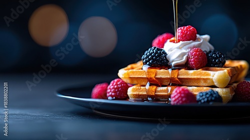 Delicious Waffles Topped with Fresh Berries and Drizzled with Maple Syrup