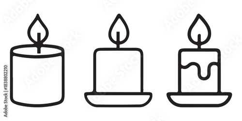 A set of three distinct burning candle outline illustrations in a row.